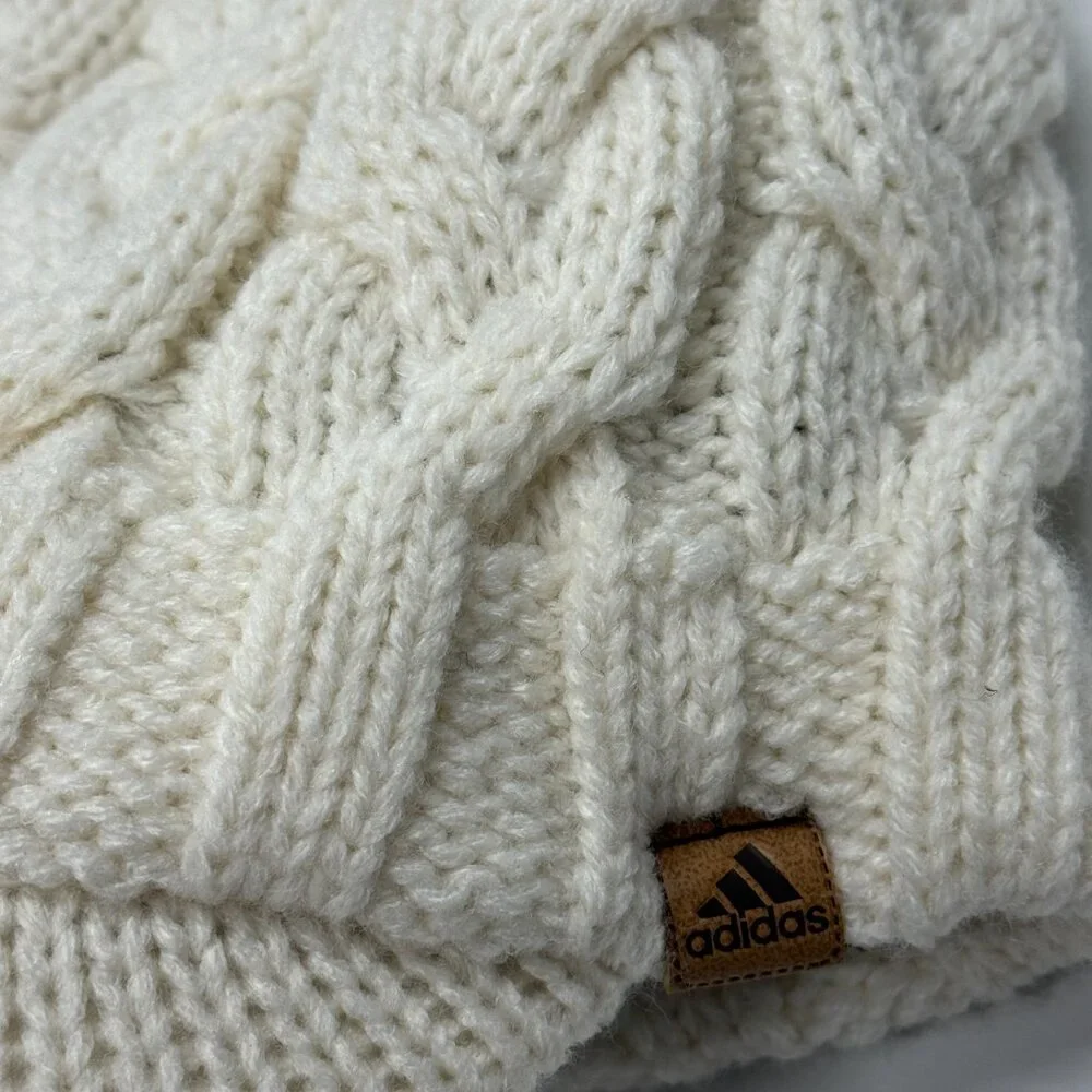 Adidas Climawarm Cable Knit Beanie Hat Brim White Lined Winter‎ Acrylic Womens